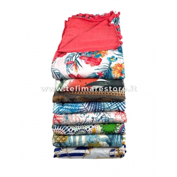 Kikoy Tucani e Ananas con Pon Pon 90x160cm 100% Cotone Fronte 100% Spugna di Poliestere Retro Telo Mare Pareo 