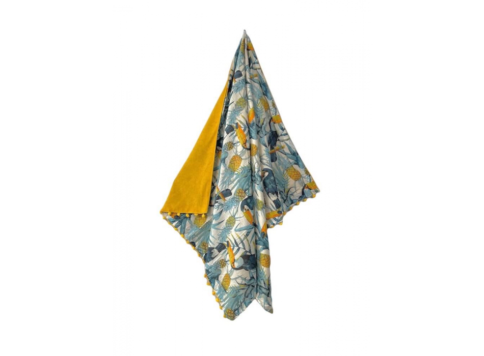 Kikoy Tucani e Ananas con Pon Pon 90x160cm 100% Cotone Fronte 100% Spugna di Poliestere Retro Telo Mare Pareo 