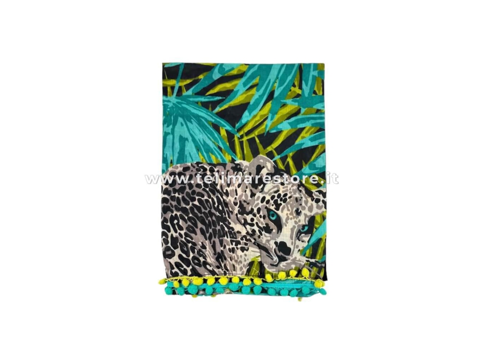 Pareo Animalier Maculato con Pon Pon 100% cotone misura 100x170 cm Telo Mare Fantasia