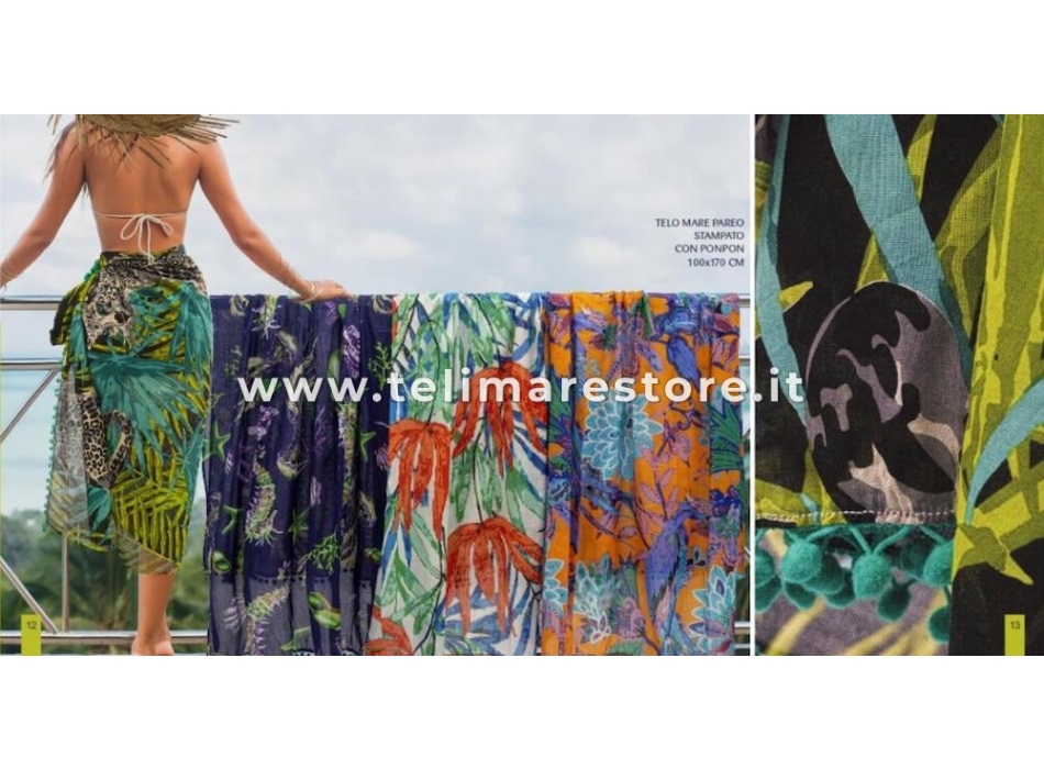 Pareo Animalier Maculato con Pon Pon 100% cotone misura 100x170 cm Telo Mare Fantasia