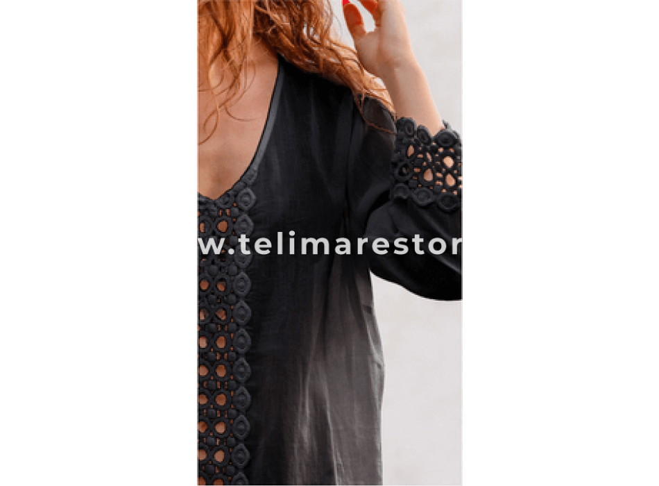 Pareo Copricostume Nero Capri Des.21 100% Cotone Voile Con Pizzo Taglia Unica