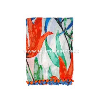 Pareo Floreal Red con Pon Pon 100% cotone misura 100x170 cm Telo Mare Fantasia