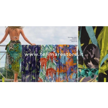 Pareo Flower Paradise con Pon Pon 100% cotone misura 100x170 cm Telo Mare Fantasia