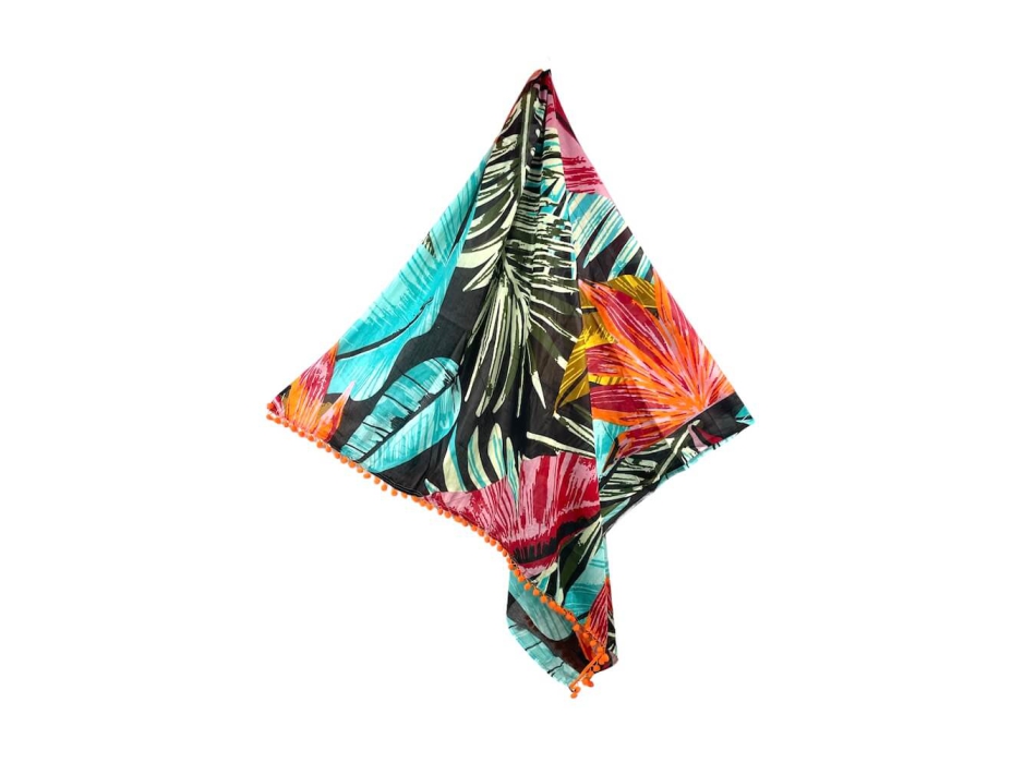 Pareo Foglie Tropicali con Pon Pon 100% cotone misura 100x170 cm Telo Mare Fantasia