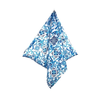 Pareo Maiolica Blu con Pon Pon 100% cotone misura 100x170 cm Telo Mare Fantasia