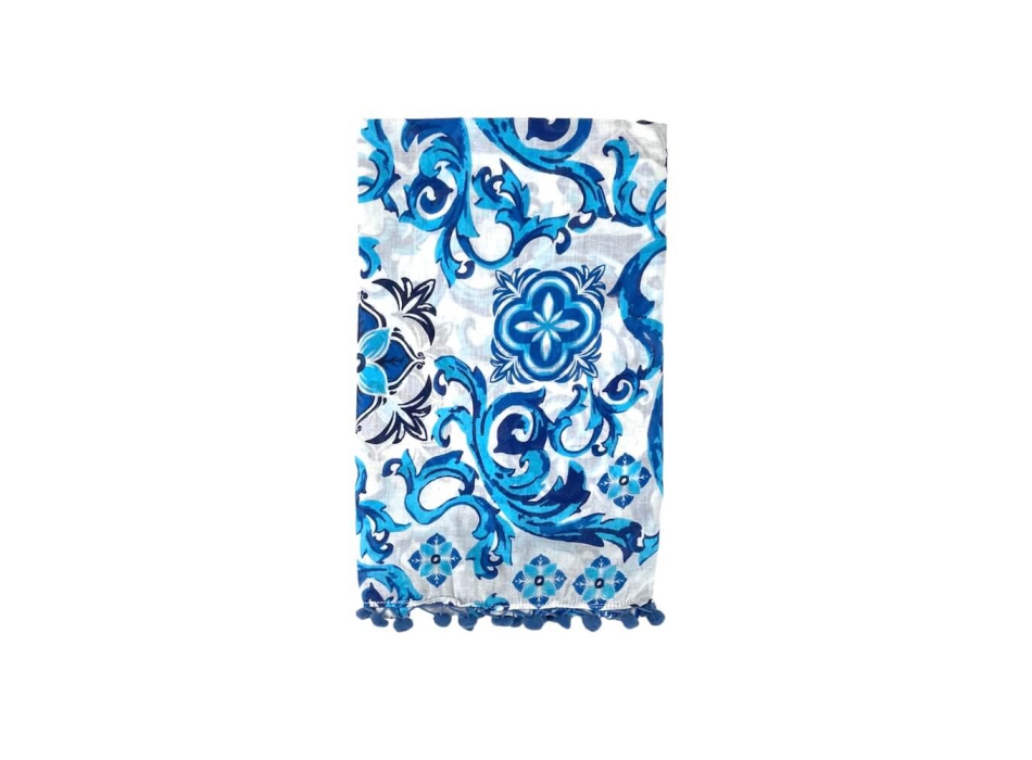Pareo Maiolica Blu con Pon Pon 100% cotone misura 100x170 cm Telo Mare Fantasia