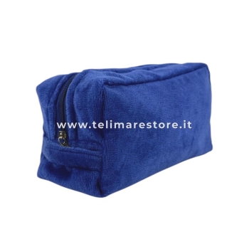 Pochette-Beauty Case Blu in Spugna Velour 100% Cotone 12x12x24 cm con Zip