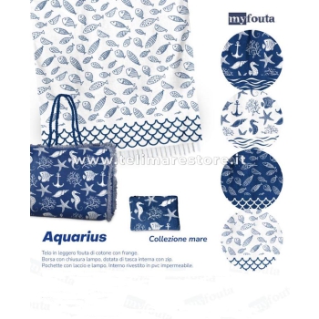 Pochette Aquarius Blu Pesci e Onde 100% Cotone Con Laccio e Zip Borsetta da Spiaggia