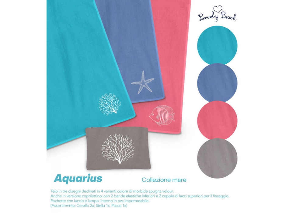 Pochette Azzurra Aquarius Ricamo Corallo misura 25x30cm Spugna Velour Con Zip e Laccio