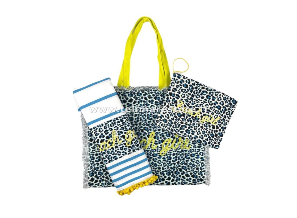 Pochette Jungle Maculato Azzurro 100% Cotone Con Laccio e Zip Borsa da Spiaggia