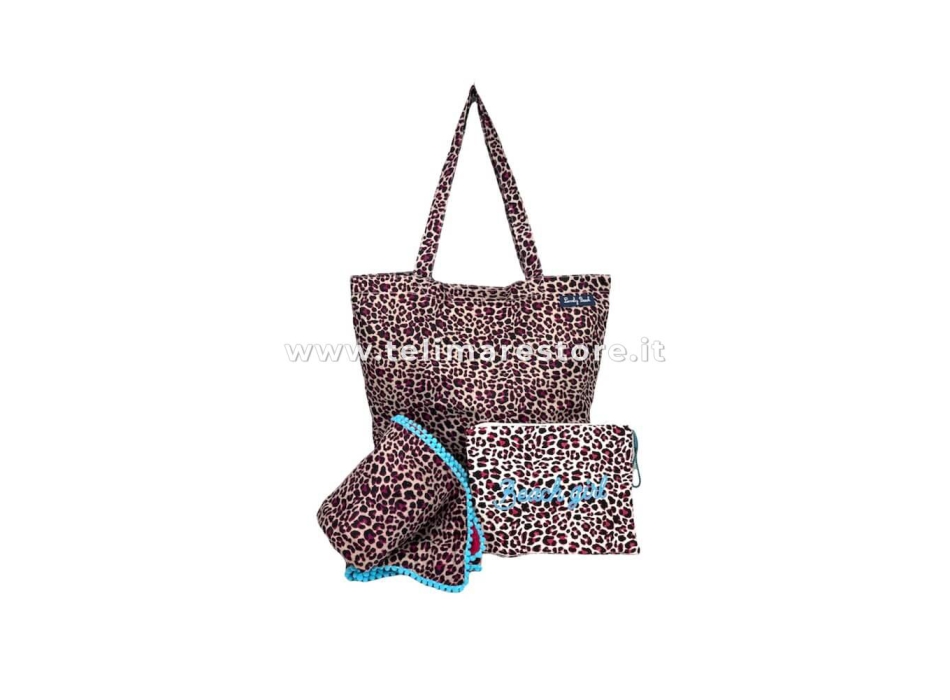 Pochette Jungle Maculato Fucsia 100% Cotone Con Laccio e Zip Borsa da Spiaggia