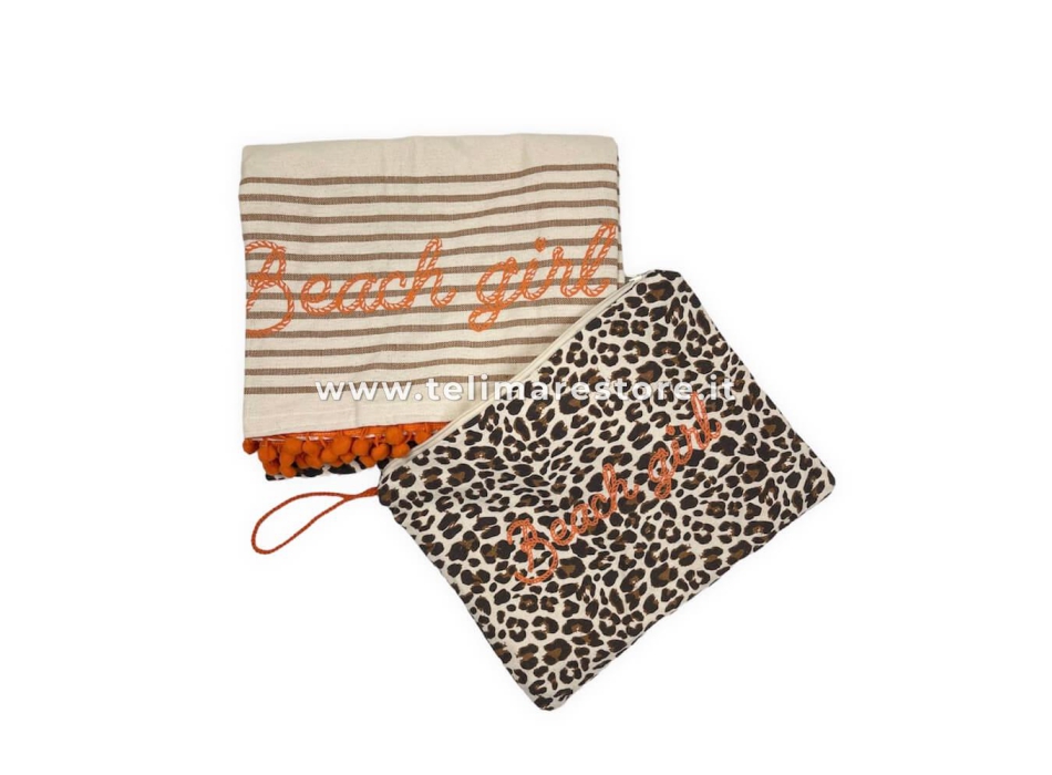 Pochette Jungle Maculato Sabbia 100% Cotone Con Laccio e Zip Borsa da Spiaggia