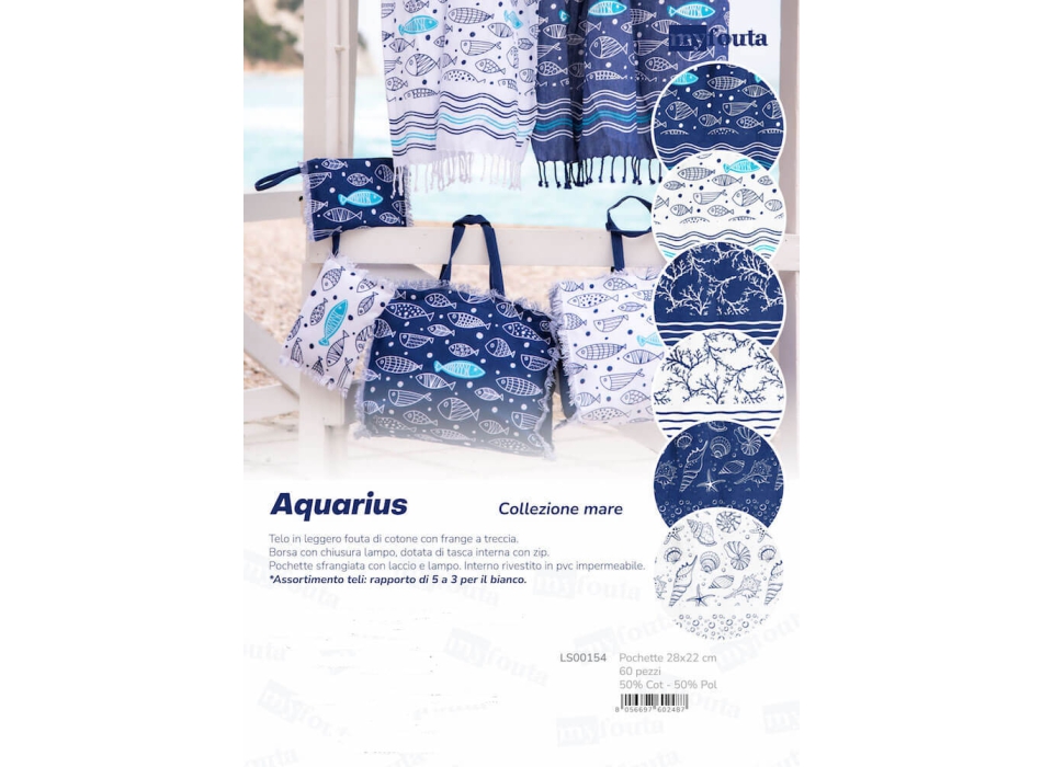 Pochette New Aquarius Blu Pesci e Onde 100% Cotone Con Laccio e Zip Borsetta da Spiaggia