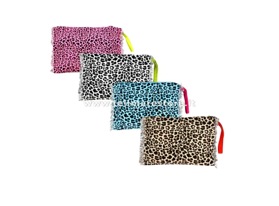 Pochette New Leopard Maculato Bianco 100%Cotone Con Zip e Laccio Antiscippo
