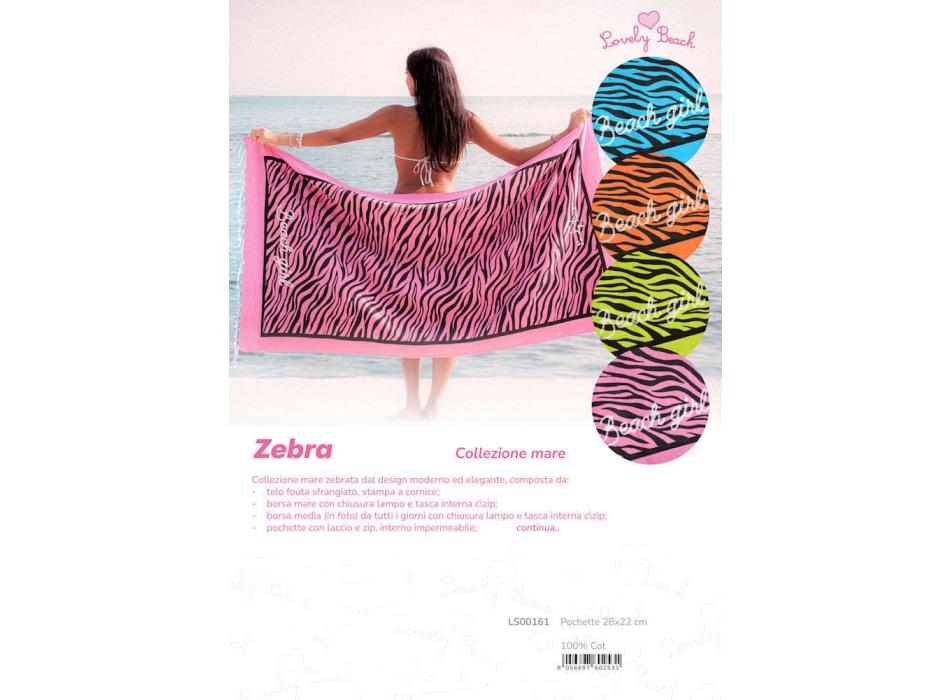 Pochette New Zebra Rosa 100%Cotone Con Laccio e Zip 28x22 cm Interno Impermeabile