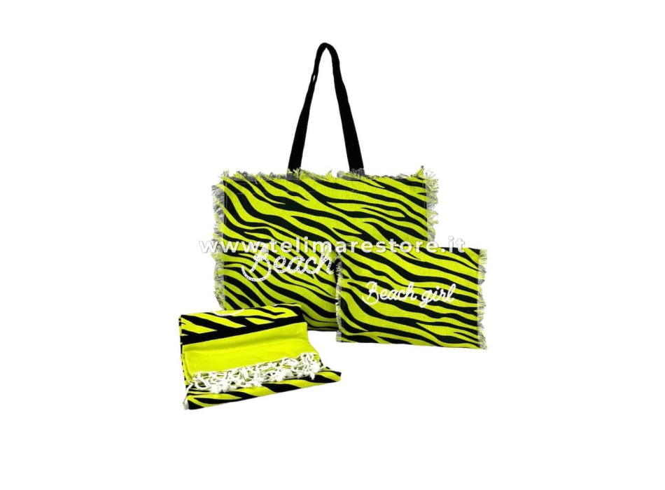 Pochette New Zebra Verde 100%Cotone Con Laccio e Zip 28x22 cm Interno Impermeabile