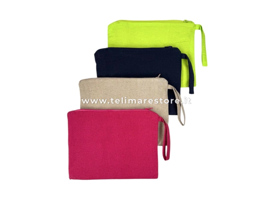 Pochette Tinta Unita Blu con Laccio da Polso e Zip 28x21cm Interno Impermeabile