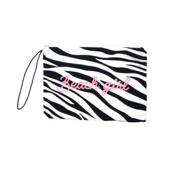 Pochette Zebra Bianco 100% Cotone Con Laccio e Zip Borsa da Spiaggia 28x22 cm Interno Impermeabile
