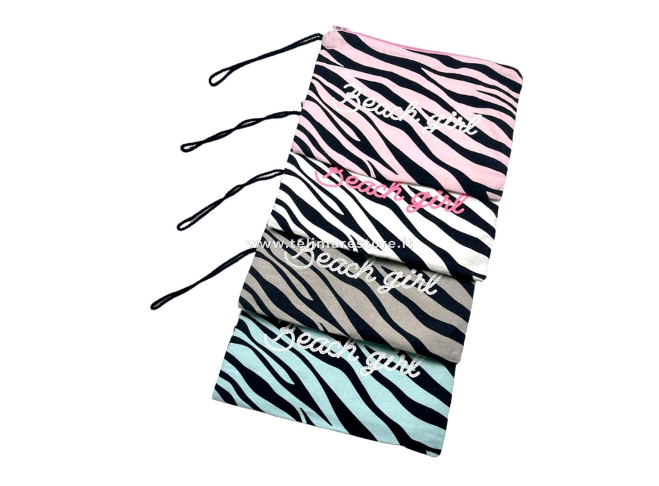 Pochette Zebra Rosa 100% Cotone Con Laccio e Zip Borsa da Spiaggia 28x22 cm Interno Impermeabile
