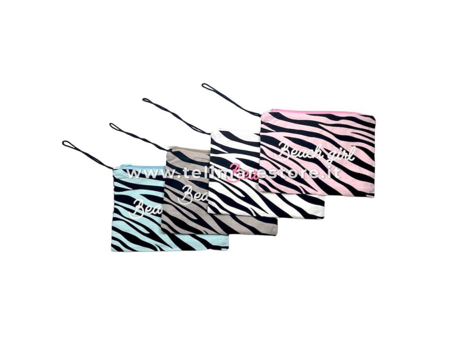 Pochette Zebra Rosa 100% Cotone Con Laccio e Zip Borsa da Spiaggia 28x22 cm Interno Impermeabile