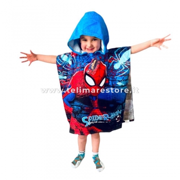 Poncho Mare Stampato Spiderman Blu Spugna 100% Cotone Misura 55x110cm Telo Con Cappuccio