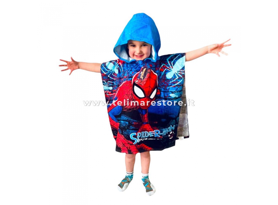 Poncho Mare Stampato Spiderman Blu Spugna 100% Cotone Misura 55x110cm Telo Con Cappuccio