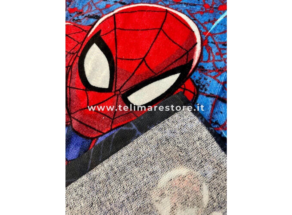 Poncho Mare Stampato Spiderman Blu Spugna 100% Cotone Misura 55x110cm Telo Con Cappuccio
