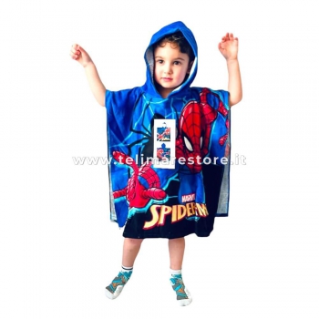 Poncho Mare Stampato Spiderman Blu Spugna 76% Cotone 24% Poliestere Misura 55x110cm Telo Mare