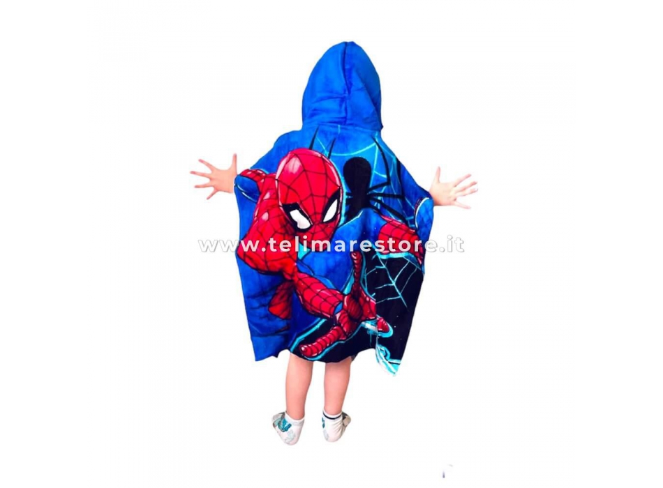 Poncho Mare Stampato Spiderman Blu Spugna 76% Cotone 24% Poliestere Misura 55x110cm Telo Mare
