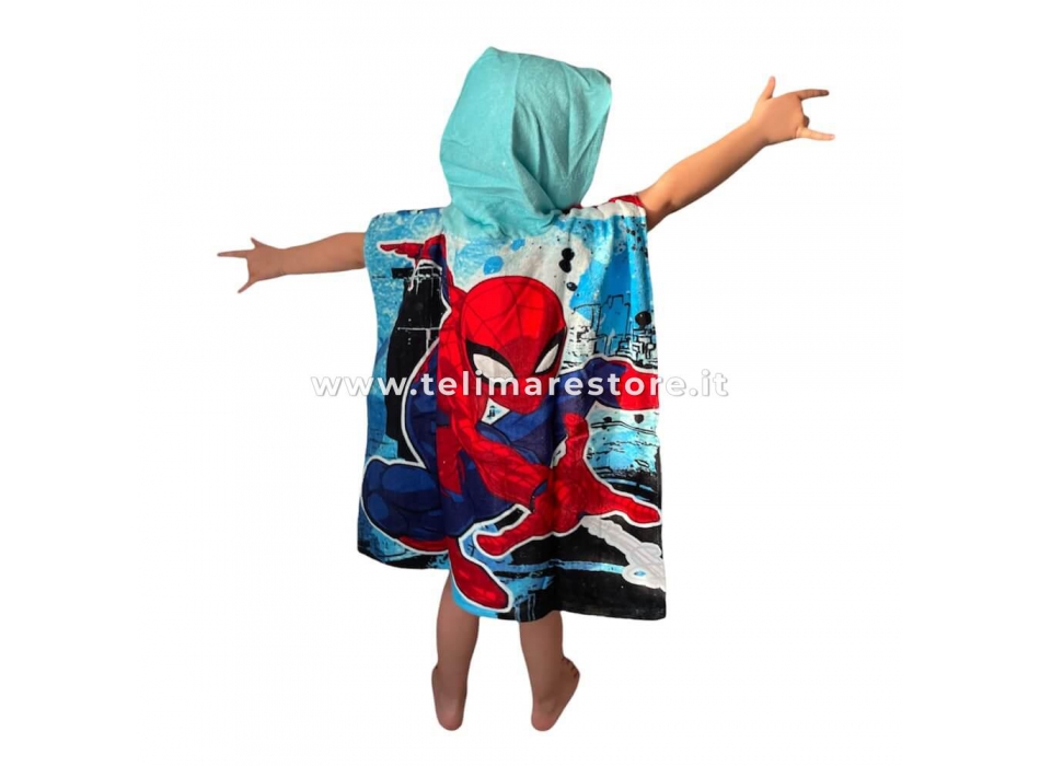 Poncho Mare Stampato Spiderman Verde Spugna 100% Cotone Misura 55x110cm Telo Mare Con Cappuccio