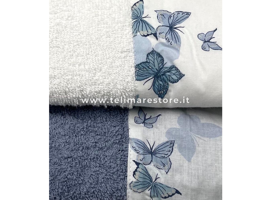 Set Asciugamani Bagno Bianco-Avio Bordo Stampato Farfalle 2+2 100% Morbida Spugna di Cotone 