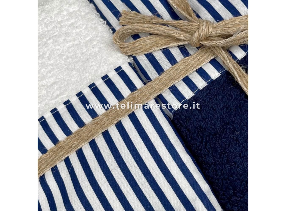 Set Asciugamani Bagno Bianco-Blu 2+2 viso+ospite Bordo Rigato 100% Spugna di Cotone