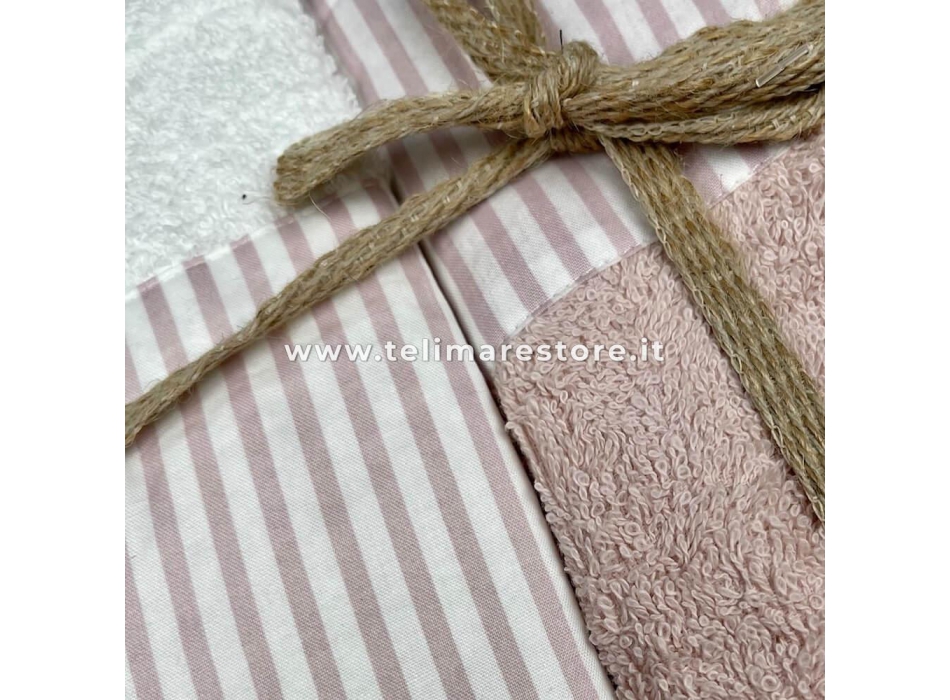 Set Asciugamani Bagno Bianco-Rosa 2+2 viso+ospite Bordo Rigato 100% Spugna di Cotone