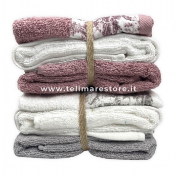 Set Asciugamani Bagno Bianco-Rosa Cipria Bordo Stampato 2+2 100% Morbida Spugna di Cotone 