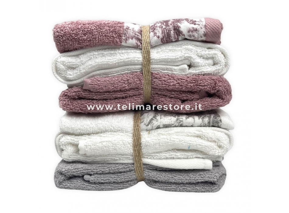 Set Asciugamani Bagno Bianco-Rosa Cipria Bordo Stampato 2+2 100% Morbida Spugna di Cotone 