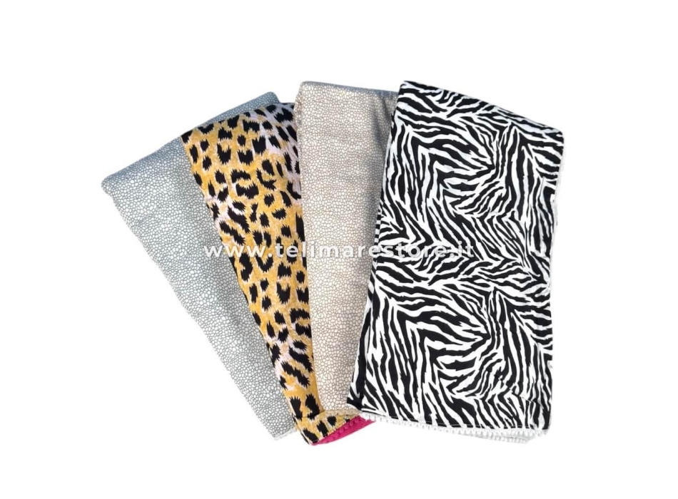 Telo Kikoy Taormina Sabbia Animalier con Mini Pon Pon 90x160 cm Telo Mare Pareo Doppio