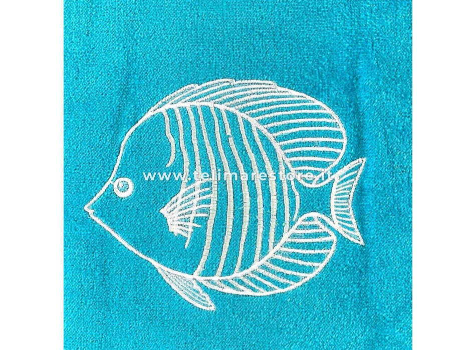 Telo Lettino Azzurro Aquarius Ricamo Pesce Spugna Velour 75x190cm Senza Tasche e Cuscino 