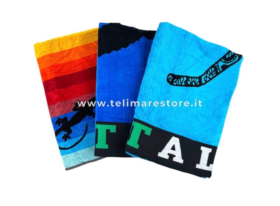 Telo Mare Geko Italia Blu Spugna 100% Cotone Asciugamano Spiaggia 90x165cm Beach Towel