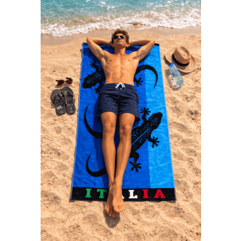 Telo Mare Geko Italia Blu Spugna 100% Cotone Asciugamano Spiaggia 90x165cm Beach Towel
