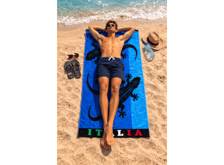 Telo Mare Geko Italia Blu Spugna 100% Cotone Asciugamano Spiaggia 90x165cm Beach Towel