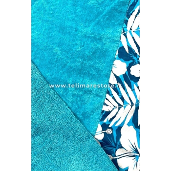 Telo Mare Okoa Tropical Azzurro Bordo Fiori Bianchi Spugna Velour 100% Cotone 90x165cm Asciugamano Spiaggia
