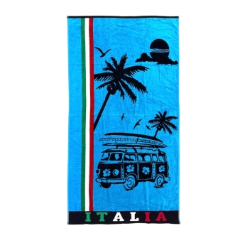 Telo Mare On The Road Azzurro Spugna 100% Cotone Asciugamano Spiaggia 90x165cm Beach Towel