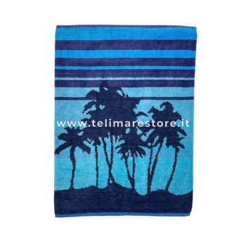 Telo Mare Palme Azzurro 90x165cm Asciugamano da Spiaggia in Spugna di Cotone Beach Towel