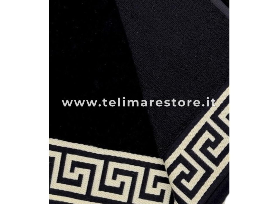 Telo Mare Poseidone Nero Greca Natural Spugna 100% Cotone Asciugamano 90x165 cm Beach Towel