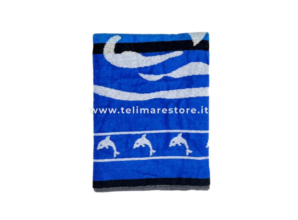 Telo Mare Rigato Big Stripe Dolphin Azzurro 90x165cm Beach Towel 100% Spugna di Cotone