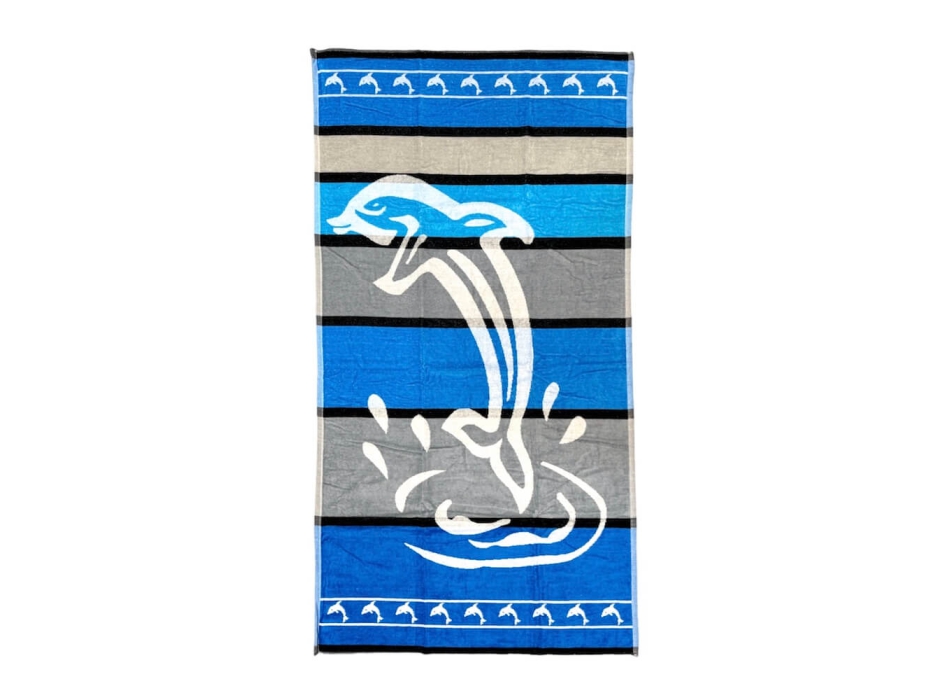 Telo Mare Rigato Big Stripe Dolphin Azzurro 90x165cm Beach Towel 100% Spugna di Cotone