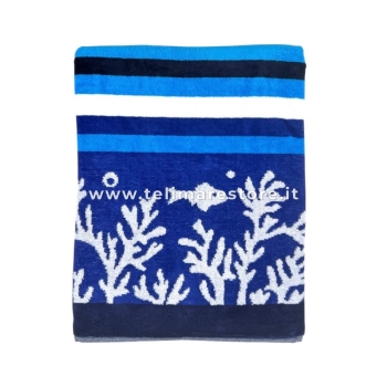 Telo Mare Rigato Malta Blu 100% Spugna di Cotone Asciugamano Spiaggia - Beach Towel