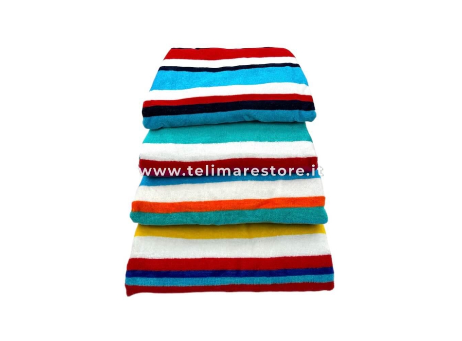 Telo Mare Rigato New Happy Stripe Celeste/Rosso 90x165cm Beach Towel 100% Spugna di Cotone