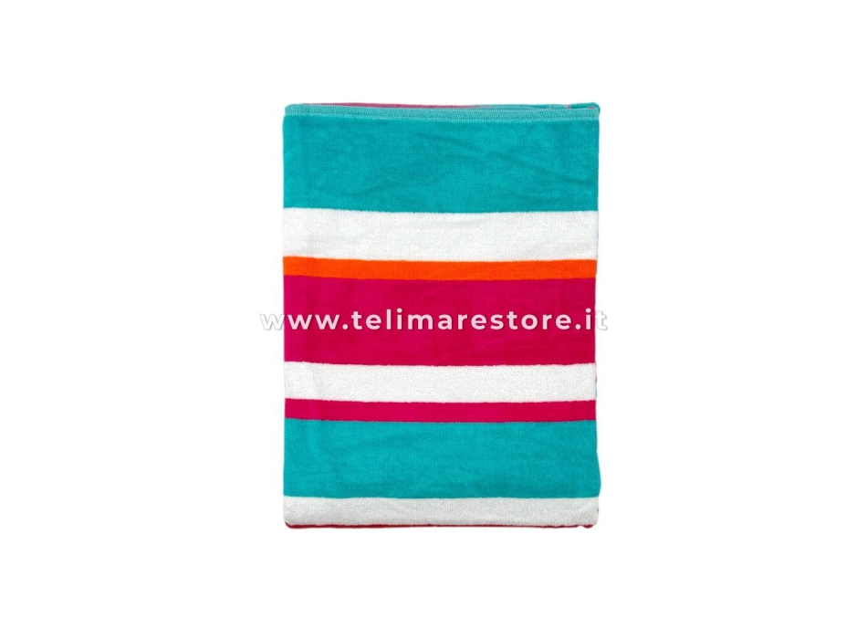 Telo Mare Rigato New Happy Stripe Verde/Fucsia 90x165cm Beach Towel 100% Spugna diCotone