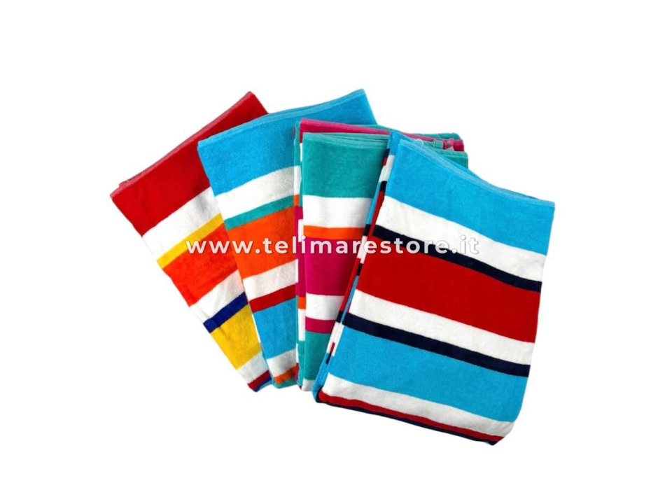 Telo Mare Rigato New Happy Stripe Verde/Fucsia 90x165cm Beach Towel 100% Spugna diCotone